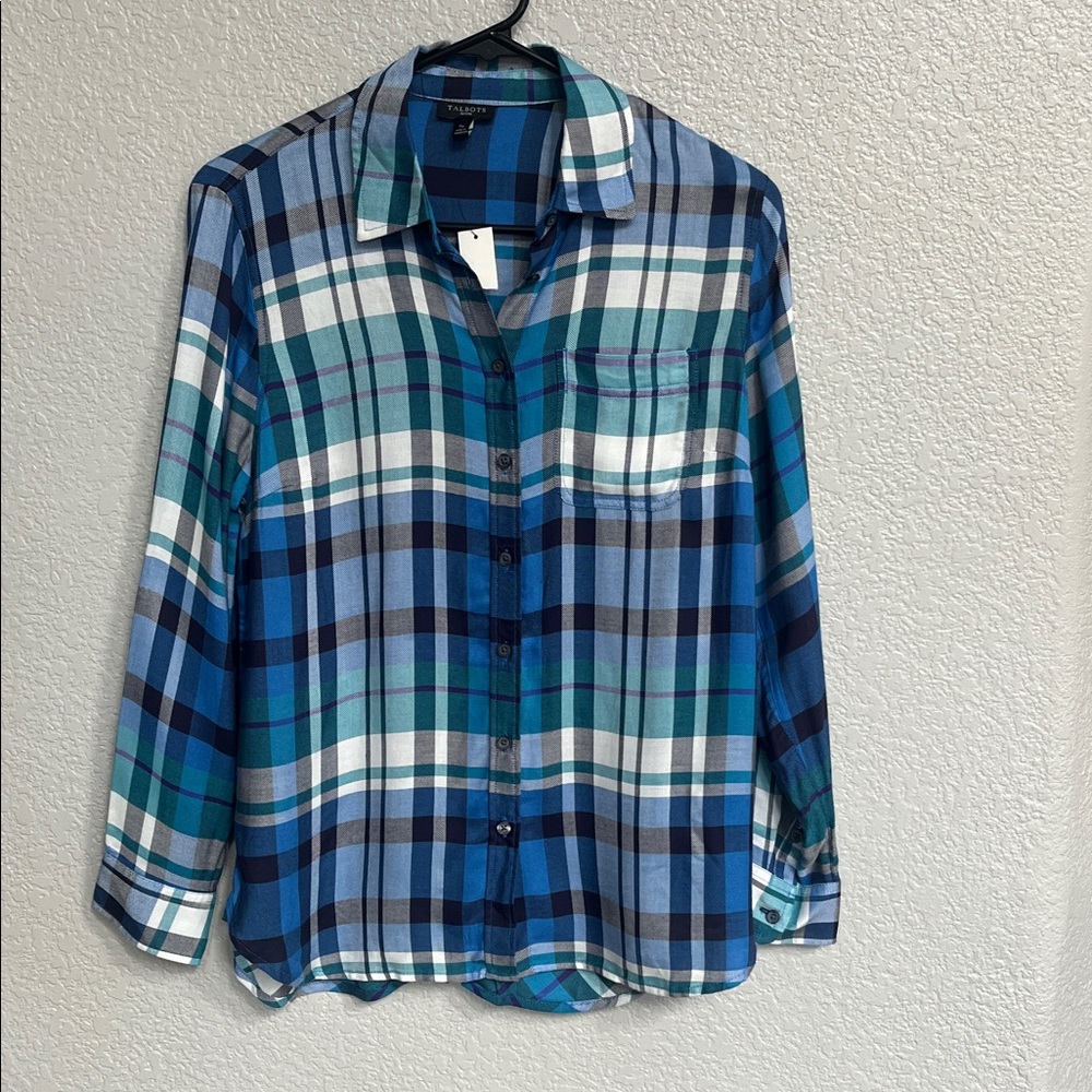 Talbots Plaid Button Down Shirt in blues NWT size SP